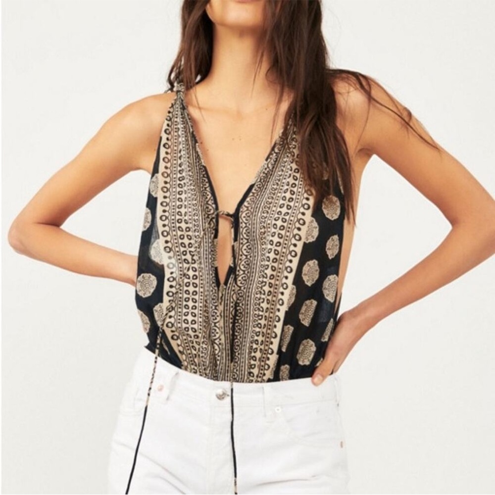 Free People Sleeveless Boho Bodysuit Black Large Soul of the Sun